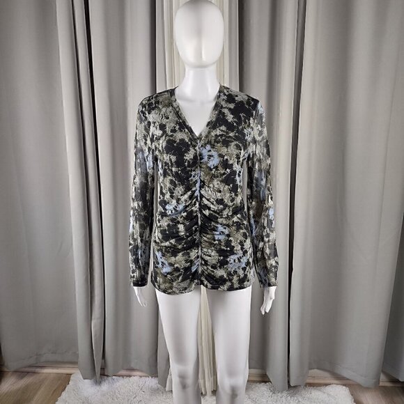 Anne Klein Tops - Anne Klein Women's 100% Silk Black Blue Olive Green Long Sleeve Blouse Size L